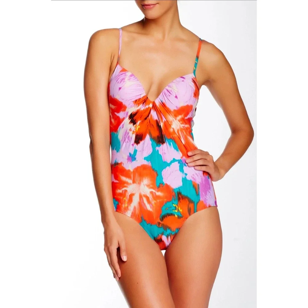 Spanx Aloha Floral One Piece Swimsuit‎ Size 6D/DD Slimming Ruched Underwire